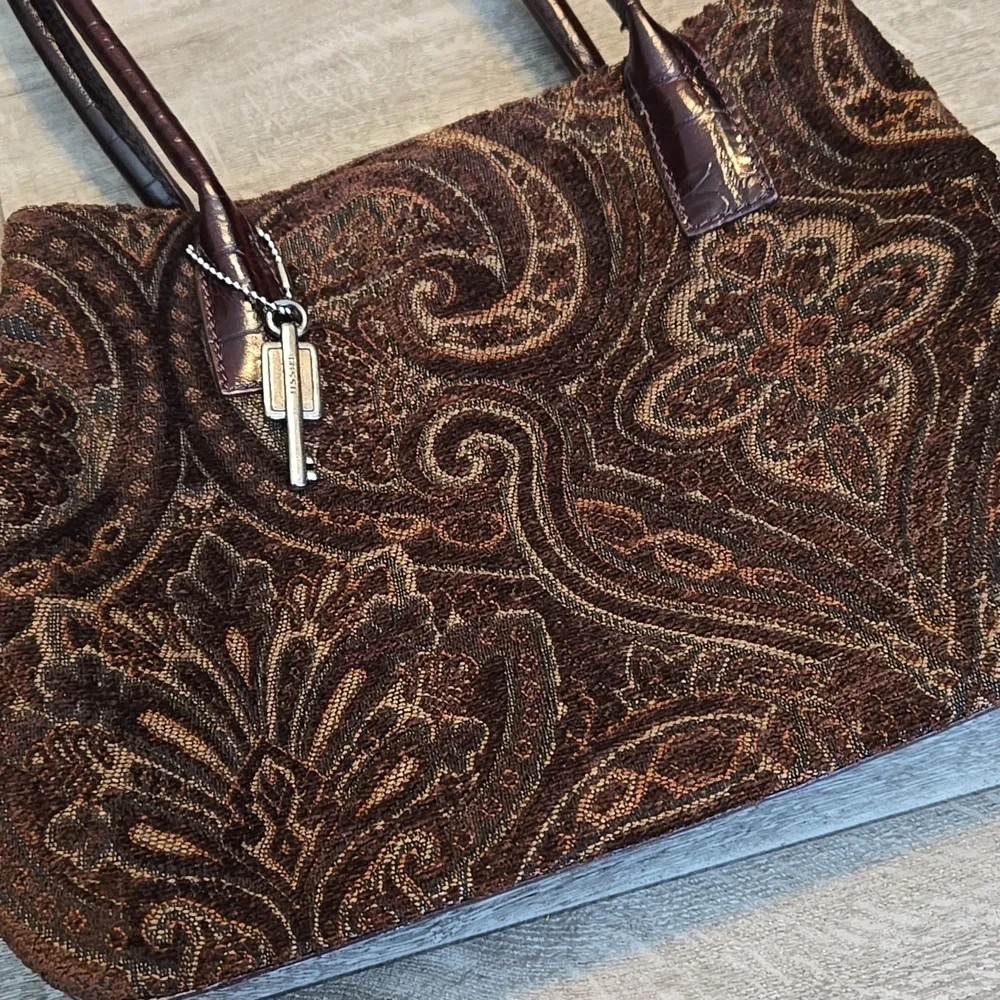 Fossil Chocolate Brown Patterned Velvet Tote Handbag